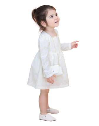 TOPTAN LİLAX KIZ ÇOCUK KREM DANTEL ELBİSE VE ÇANTA SETİ 2-5 Y