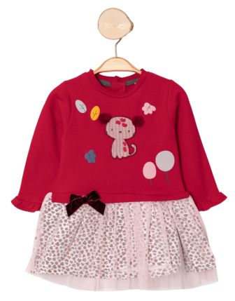 TOPTAN SANİ DESENLİ TÜL ETEKLİ KIZ ÇOCUK ELBİSE 9-24 M