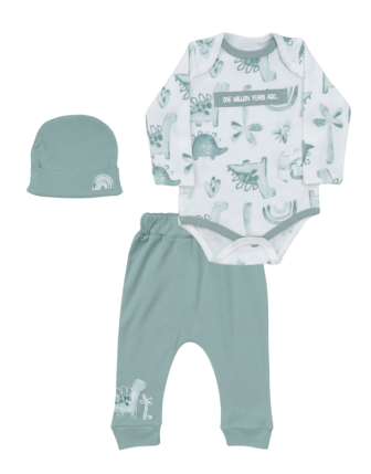 TOPTAN MINIWORLD %100 PAMUK DİNAZOR DESENLİ 3 LÜ BEBEK SET 3-9 M