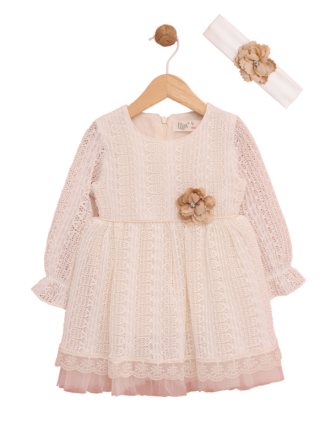 TOPTAN LİLAX ÇİÇEK DETAYLI BANDANALI KIZ BEBEK ELBİSESİ 6-18 M