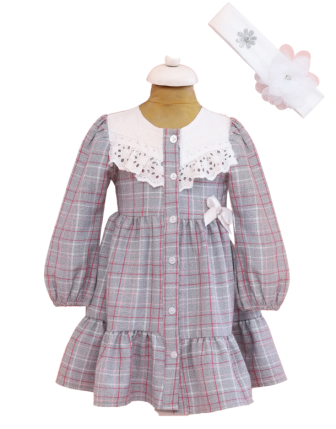 TOPTAN LİLAX DÜĞMELİ KIZ BEBEK ELBİSE 9-24 M