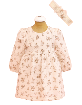 TOPTAN LİLAX BANDANALI ÇİÇEK DESENLİ %100 PAMUKLU KIZ BEBEK ELBİSE 6-18 M