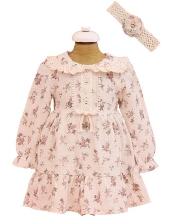 TOPTAN LİLAX BANDANALI ÇİÇEK DESENLİ KIZ BEBEK ELBİSE 9-24 M