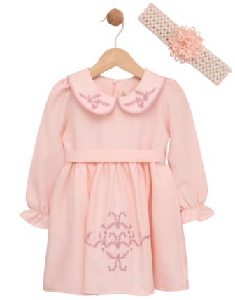TOPTAN LİLAX KUŞAKLI BANDANALI İŞLEMELİ KIZ BEBEK ELBİSE 6-18 M