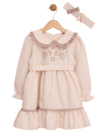 TOPTAN LİLAX BANDANALI KUŞAKLI KIZ BEBEK ELBİSE 9-24 M