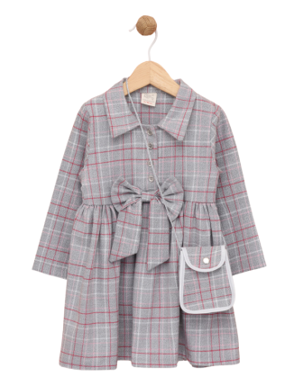 TOPTAN LİLAX ÇANTALI BELİ KURDELE DETAYLI KIZ ÇOCUK ELBİSE 2-5 Y