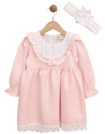 TOPTAN LİLAX BANDANALI GÜPÜRLÜ KIZ BEBEK ELBİSESİ 6-18 M