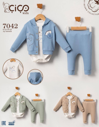 TOPTAN ERKEK BEBEK KAPŞONLU ZIBINLI 3 LÜ TAKIM 9 - 24M