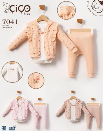 TOPTAN KIZ BEBEK KAPŞONLU ZIBINLI 3 LÜ TAKIM 9 - 18 M