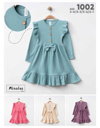 TOPTAN MİNOLES KIZ ÇOCUK DÜĞMELİ ELBİSE 3 - 7 Y