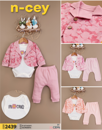 TOPTAN N - CEY KIZ BEBEK ZIBINLI 3 LÜ TAKIM 0 - 9 M