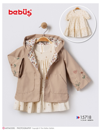 TOPTAN BEBÜŞ KIZ BEBEK KAPŞONLU CEKETLİ ELBİSE 9 - 24 M