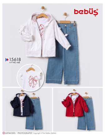 TOPTAN BEBÜŞ KIZ ÇOCUK 3 LÜ BADİLİ CEKETLİ TAKIM 6 - 9 Y