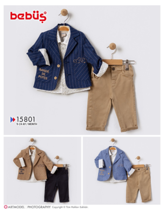 TOPTAN BEBÜŞ ERKEK BEBEK 3 LÜ CEKETLİ TAKIM 9 - 24 M